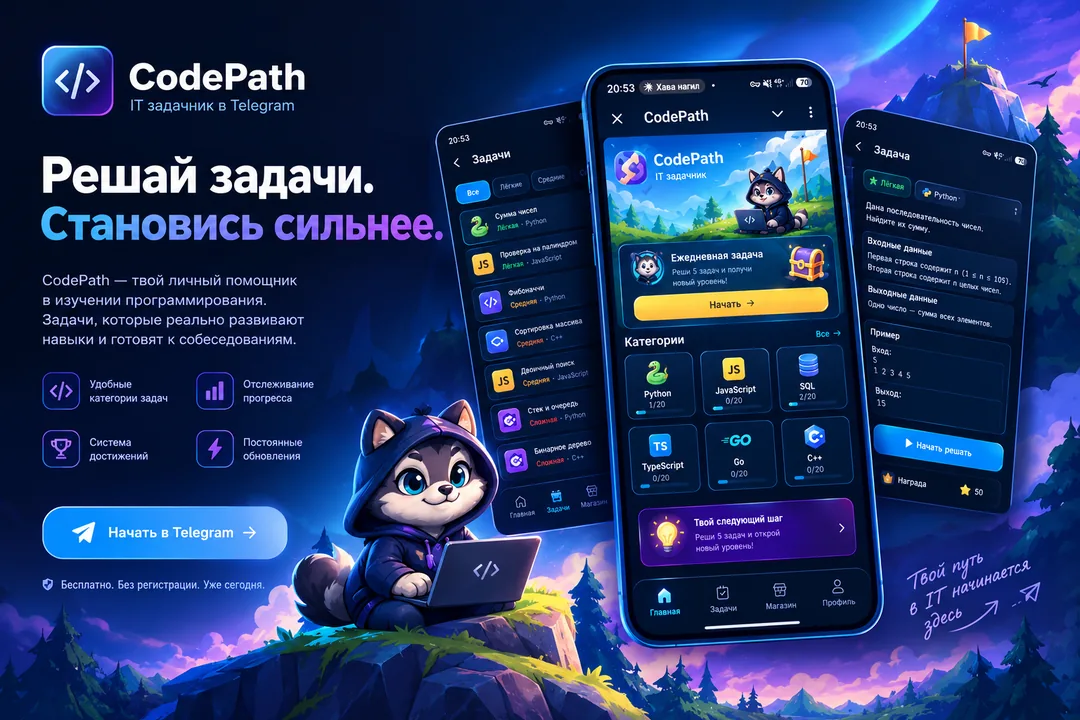 CodePath в Telegram: главный экран, список задач и проверка решения